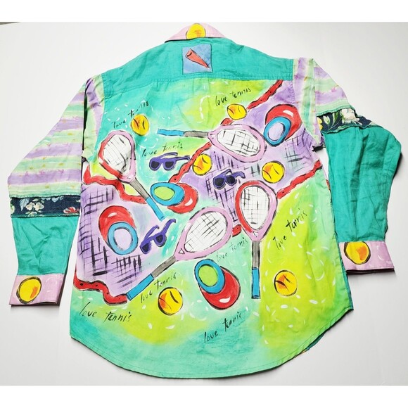 VTG 80s Encore By Silkscapes Hand Painted Tennis Button Up Shacket Size Small P - Picture 2 of 15
